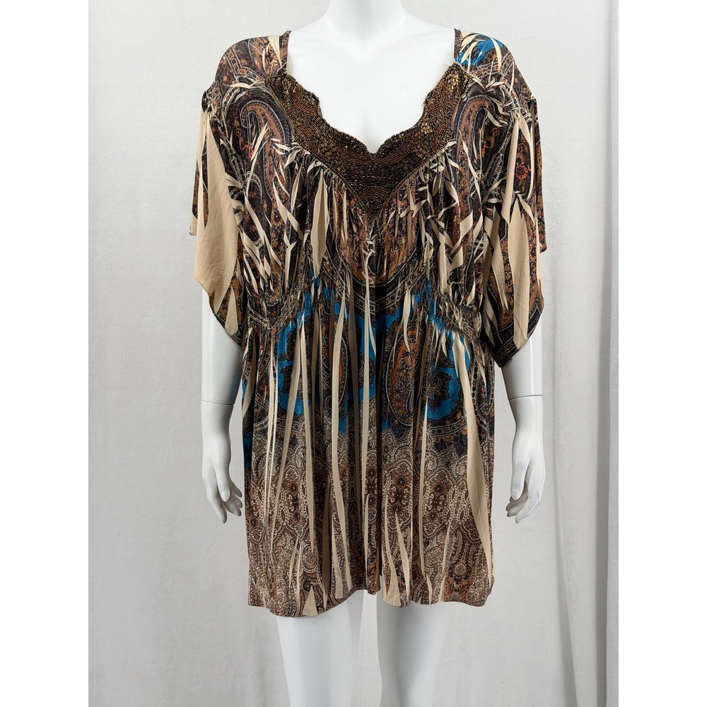 One World Top Women 3X Beige Brown Paisley Boho Beaded Kaftan Artsy Flowy Pleats